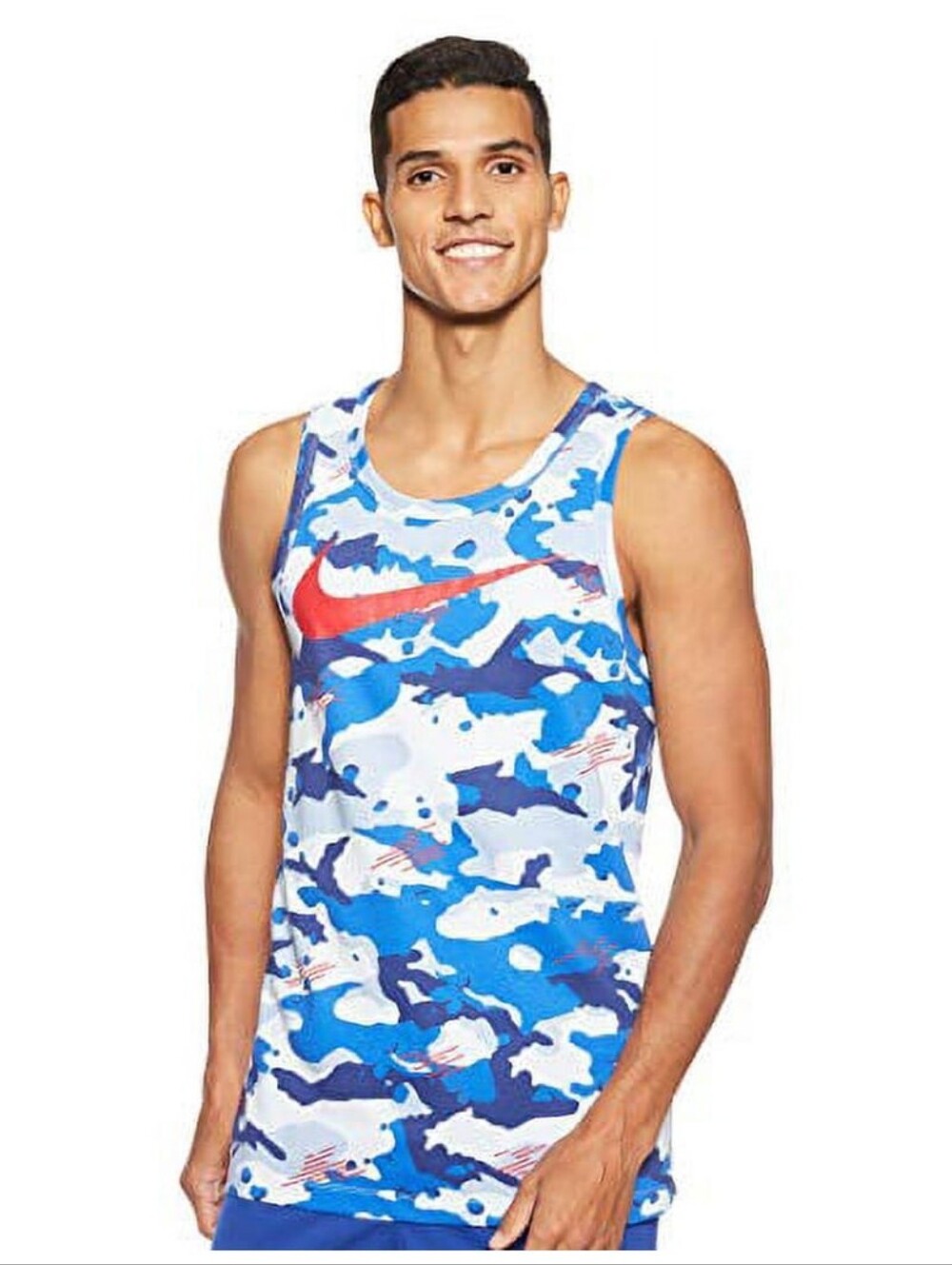 Nike Blue and White Camo Men's Tank Top with Red Swoosh